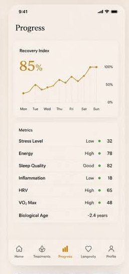 Progress nézet: Recovery Index trend és egészségügyi mutatók